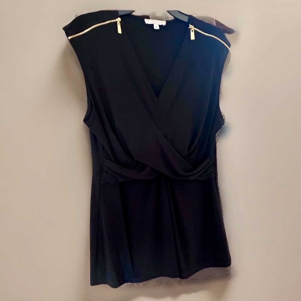 CHAUS New York Black Sleeveless Wrap Blouse with Gold Zipper Shoulder Accents - Picture 2 of 9